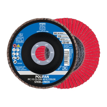 Pferd 4-1/2" x 7/8" A.H. POLIFAN Flap Disc - CO-COOL SG STEELOX, Ceramic oxide, 40 Grit, Conical 62651